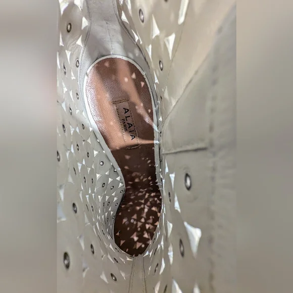 Alaia White Leather Laser Cut Heeled Boots with Grommets - Picture 9 of 10